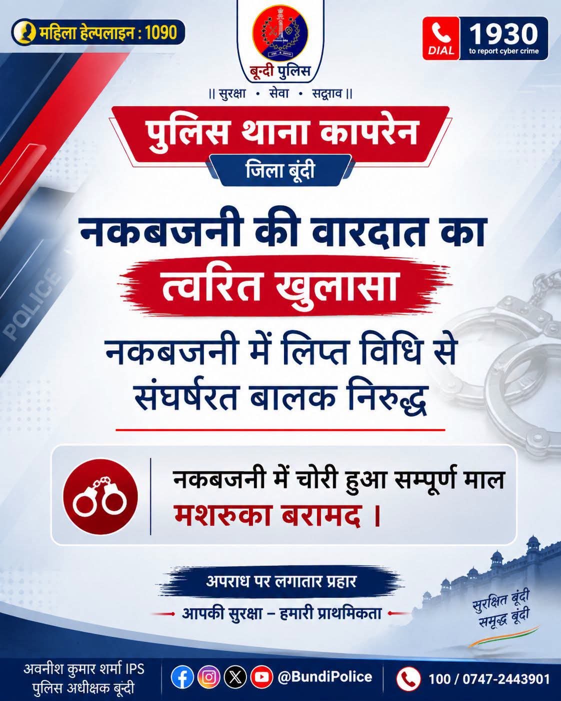 कापरेन में नकबजनी का खुलासा, विधि से संघर्षरत बालक निरुद्ध; चोरी का पूरा माल बरामद