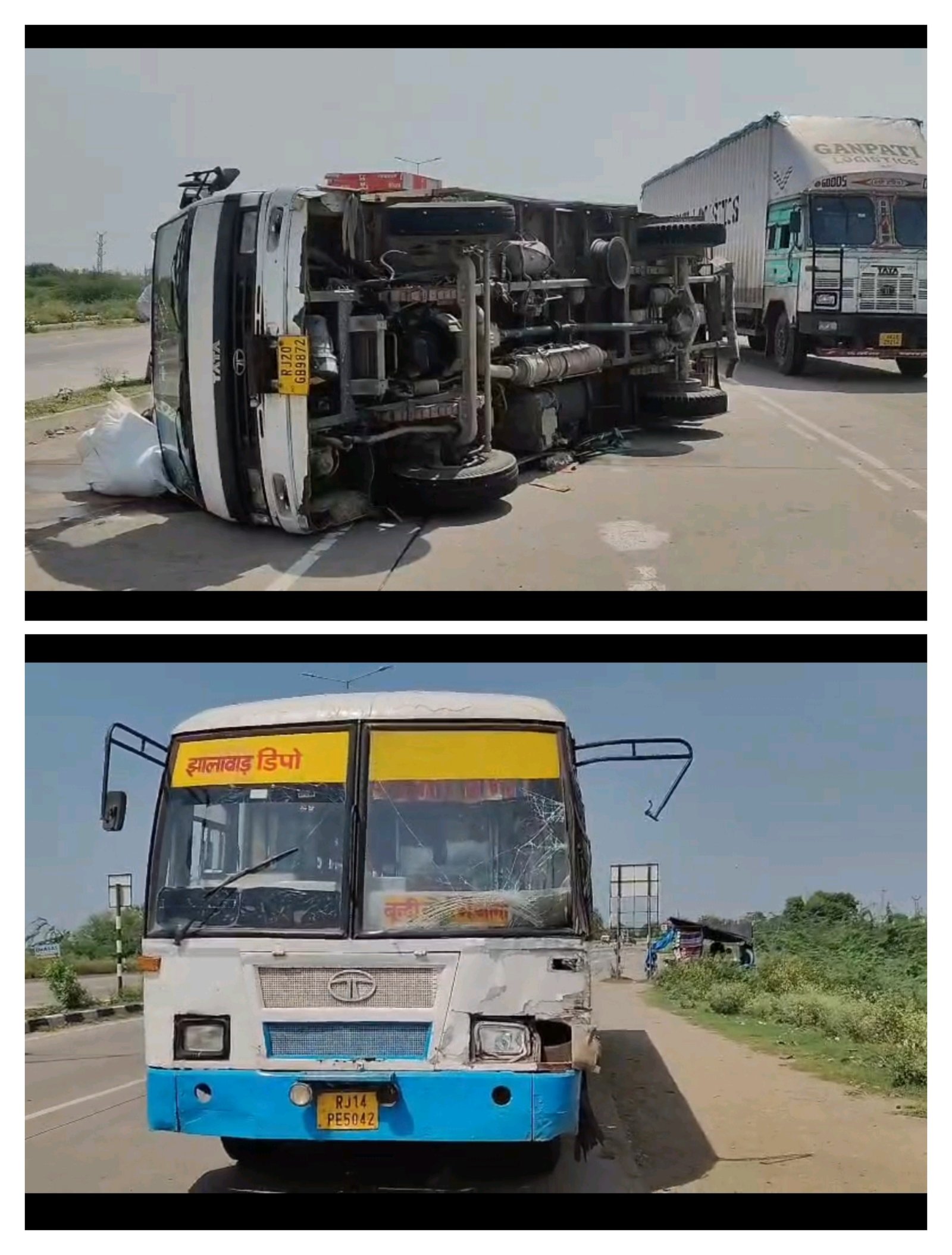 एनएच-52 पर ट्रक और रोडवेज बस की भिड़ंत, हाईवे पर पलटा ट्रक